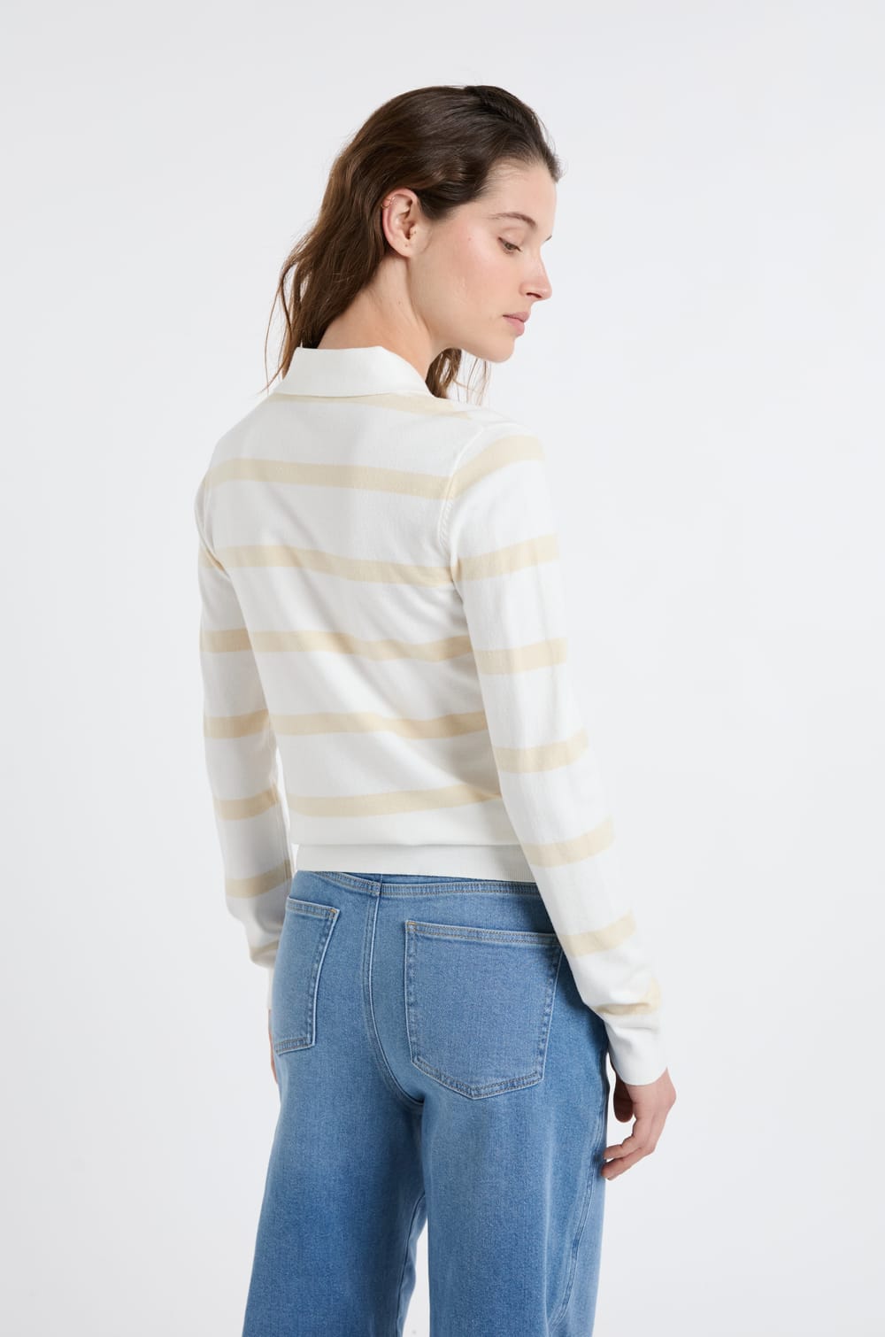 Pull col polo &agrave; manches longues &agrave; rayures;${refinementColor}