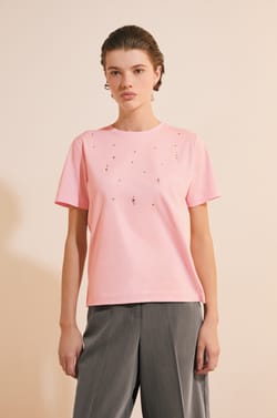 T-shirt &agrave; manches courtes en coton avec strass;${refinementColor}