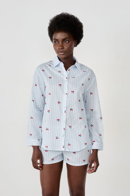 Striped pyjama shirt with cherries;${refinementColor}
