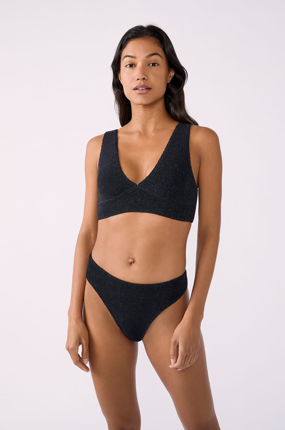 Triangle bikini top in stretchy glittery fabric;${refinementColor}