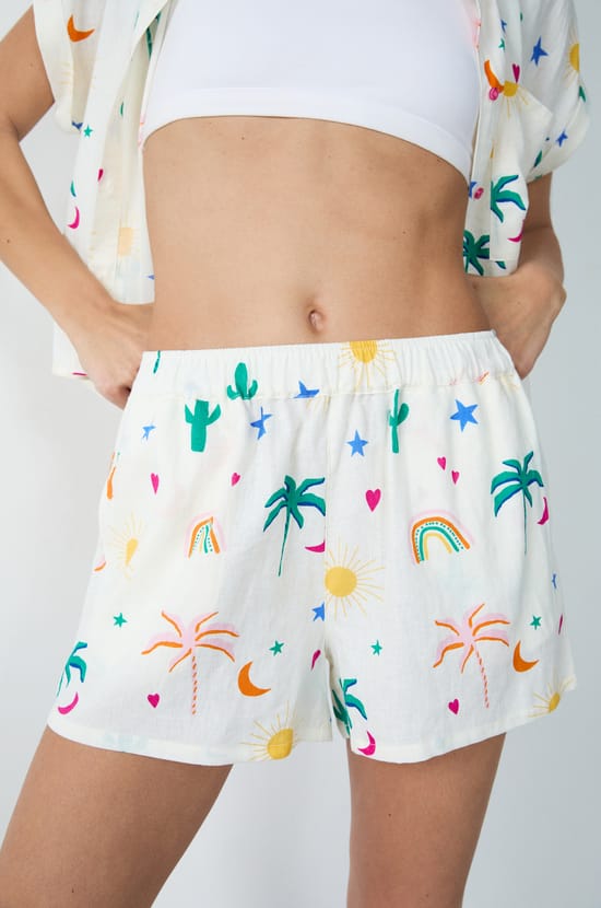 Poti&scaron;těn&eacute; lněn&eacute; pyžamov&eacute; kr&aacute;tk&eacute; kalhoty;${refinementColor}