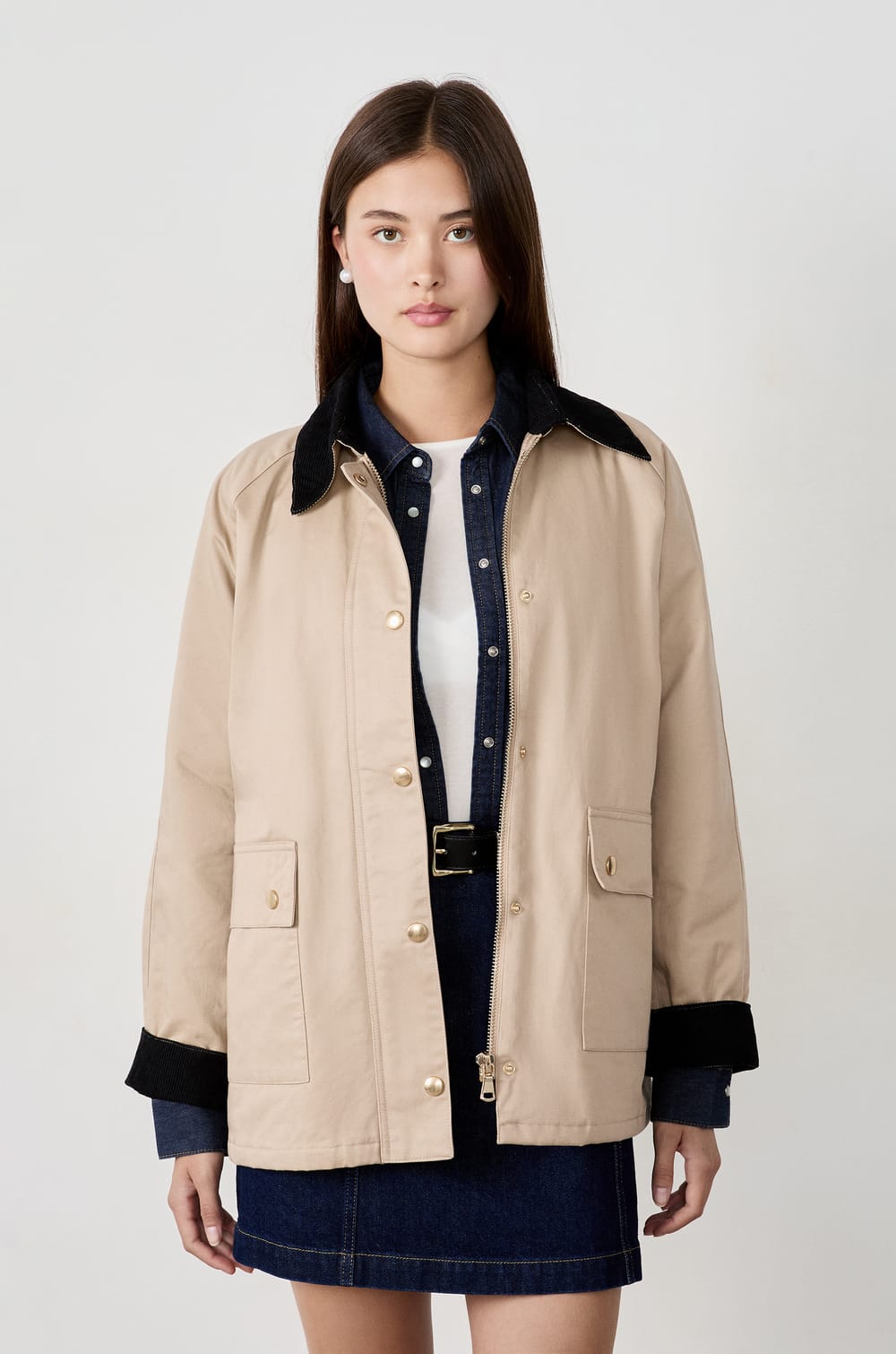 Blouson à col velours et coupe droite;${refinementColor}