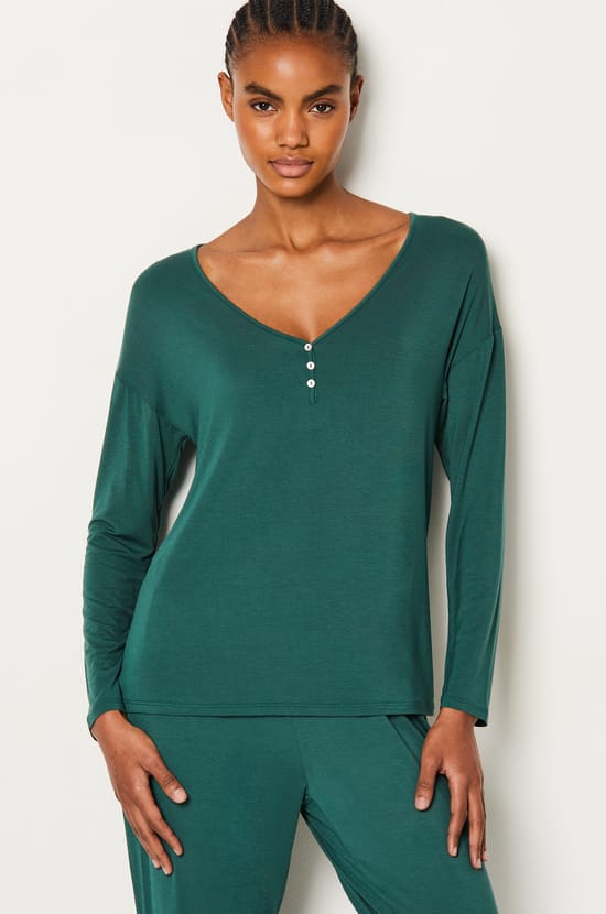 Long-Sleeved Button-Down Modal Pajama T-Shirt;${refinementColor}