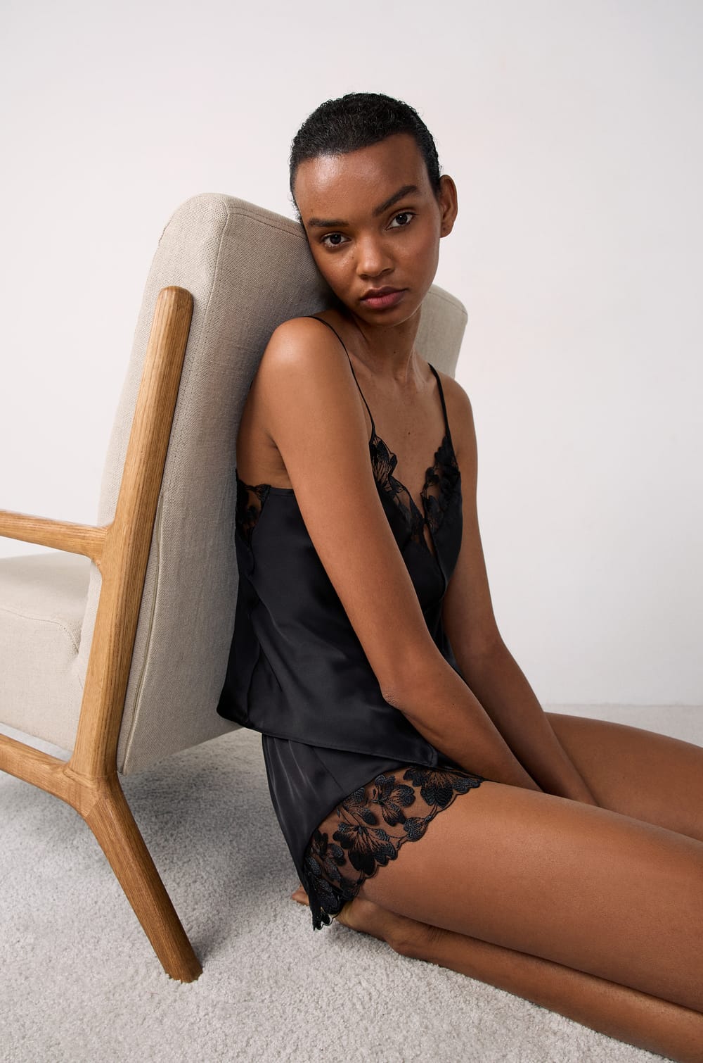 Satin Pyjama Shorts with Lace Details;${refinementColor}