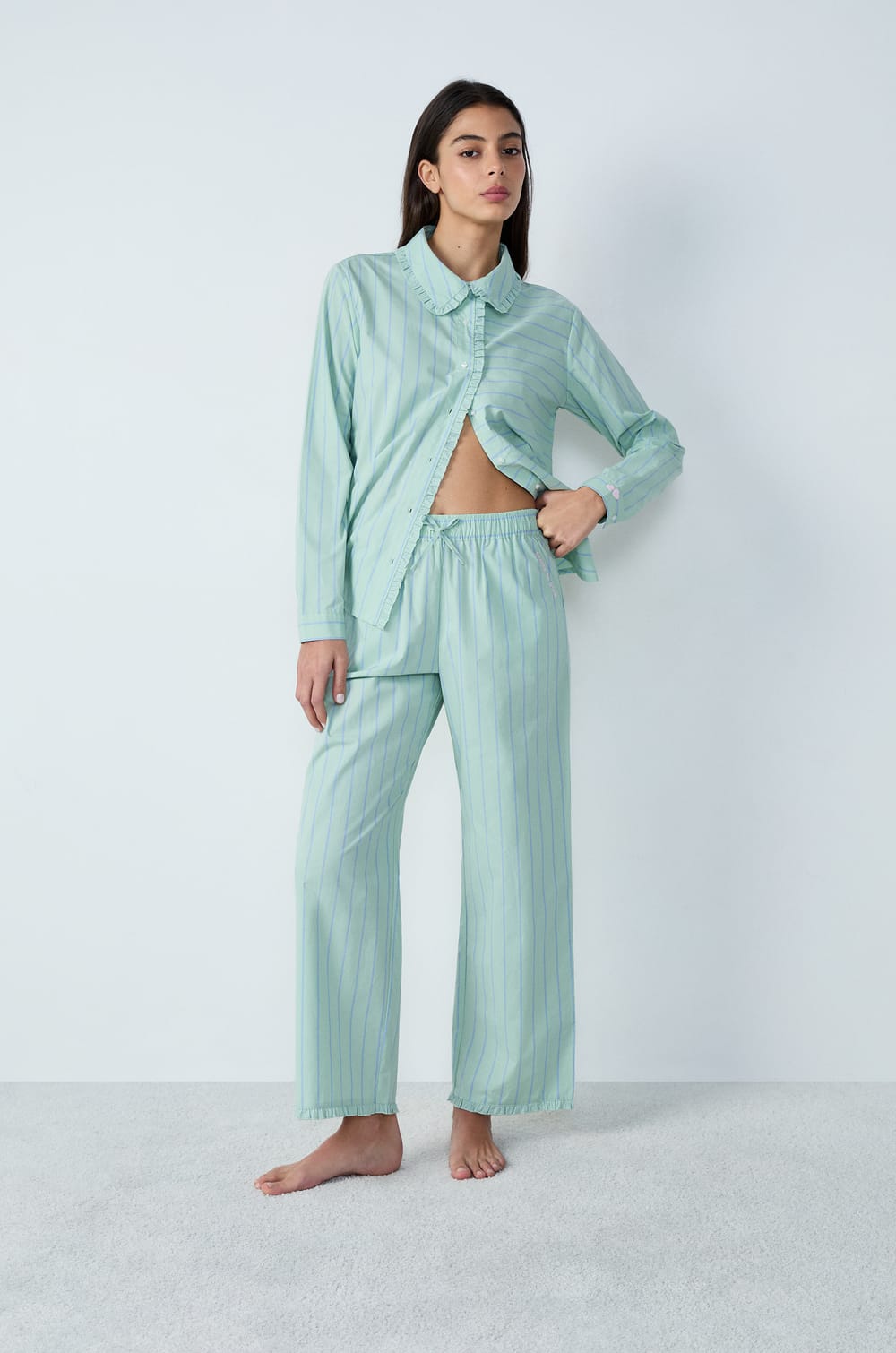 Cotton Pyjama Trousers Straight Cut with Stripes;${refinementColor}