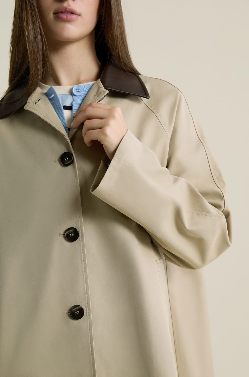 Long Trench Coat with Cotton and Contrasting Collar;${refinementColor}