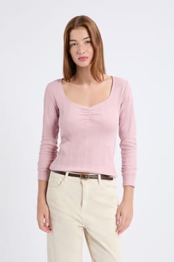 T-shirt manches longues en coton pointelle;${refinementColor}