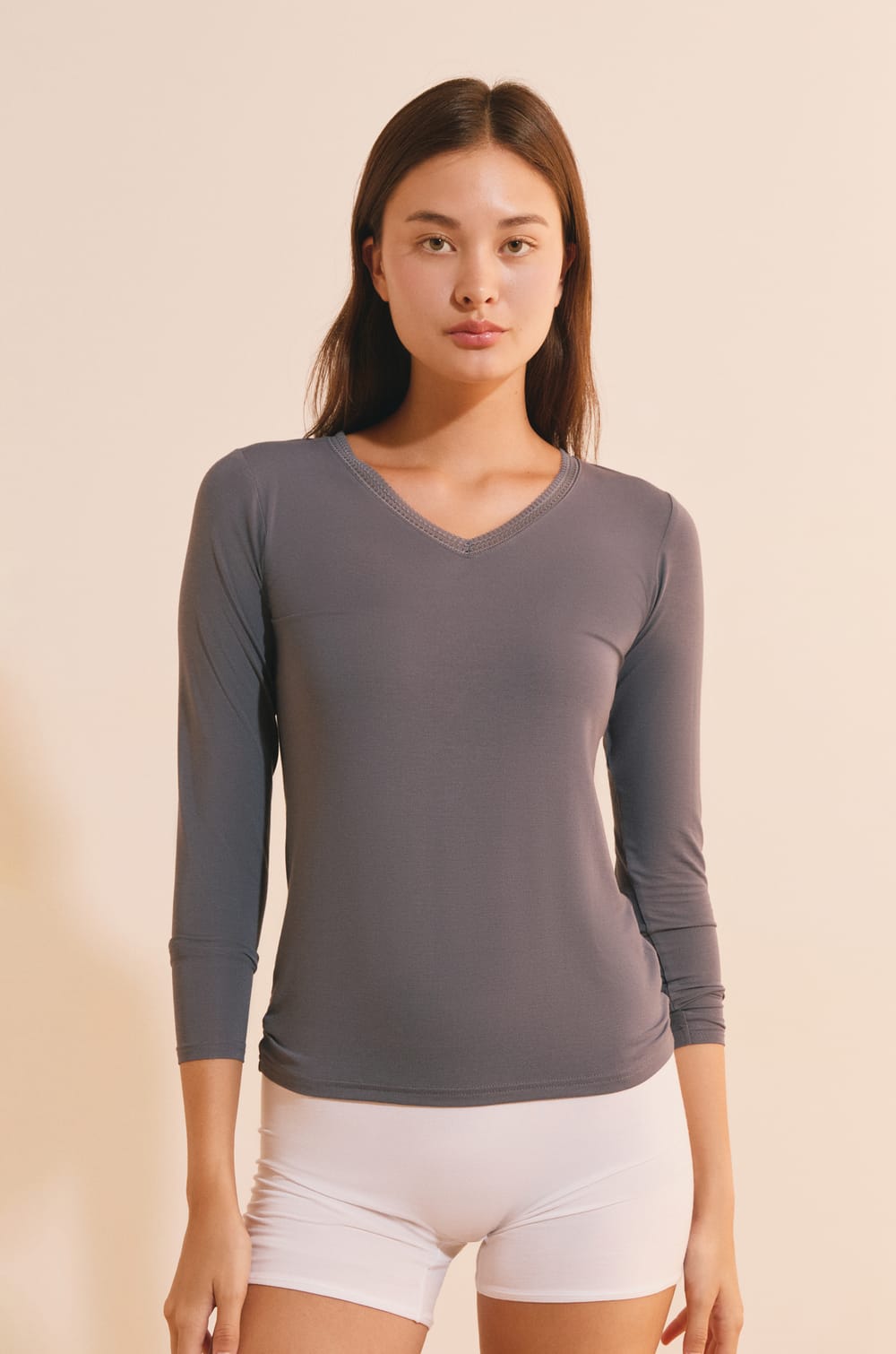 T-shirt col V maille thermique;${refinementColor}