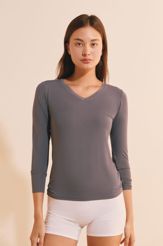 T-shirt col V maille thermique;${refinementColor}