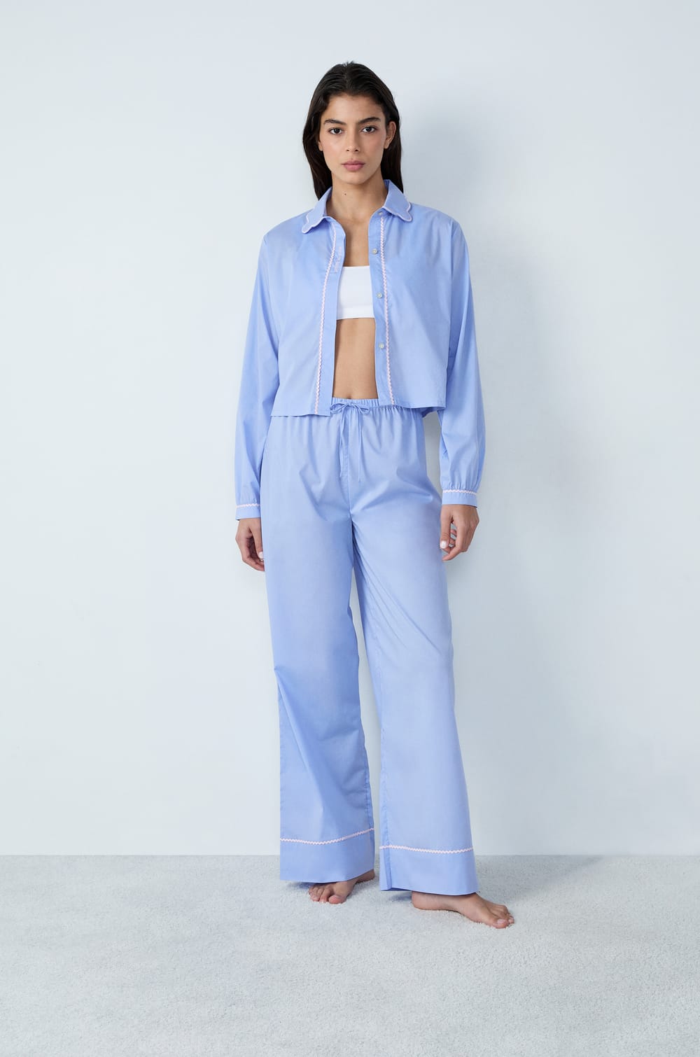 Cotton Pyjama Trousers with Flared Cut;${refinementColor}