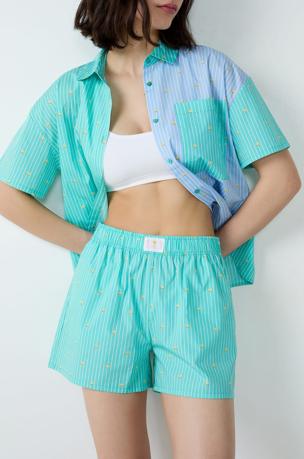 Smiley®ORIGINALS cotton striped pyjama shorts;${refinementColor}