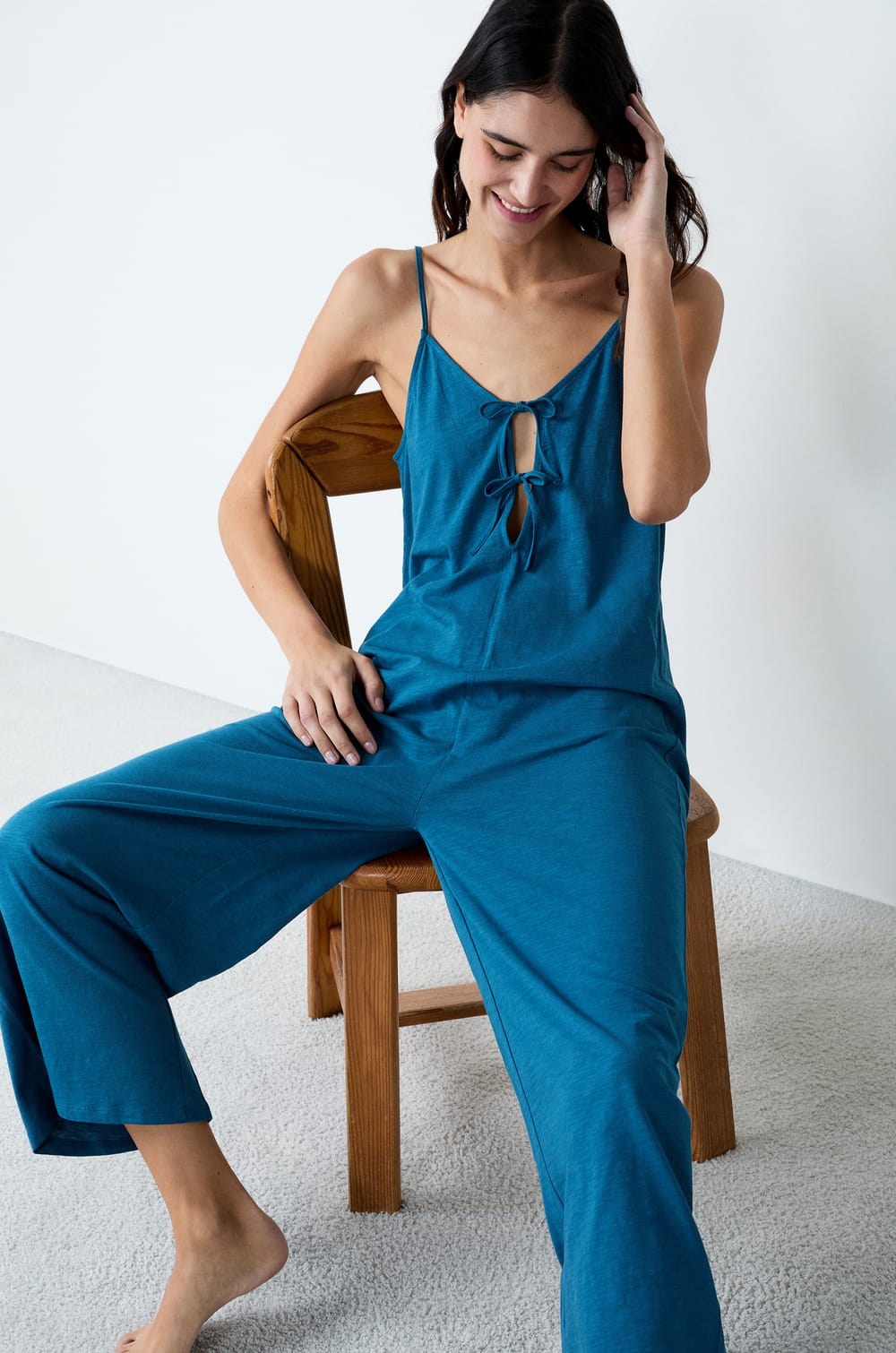 Combinaison de pyjama large en coton à nœuds;${refinementColor}