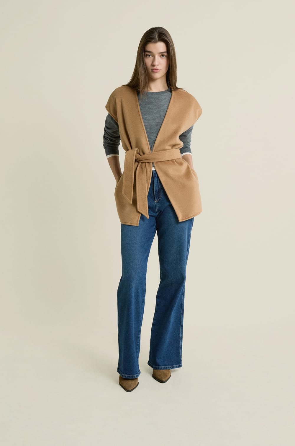 Belted Sleeveless Jacket;${refinementColor}