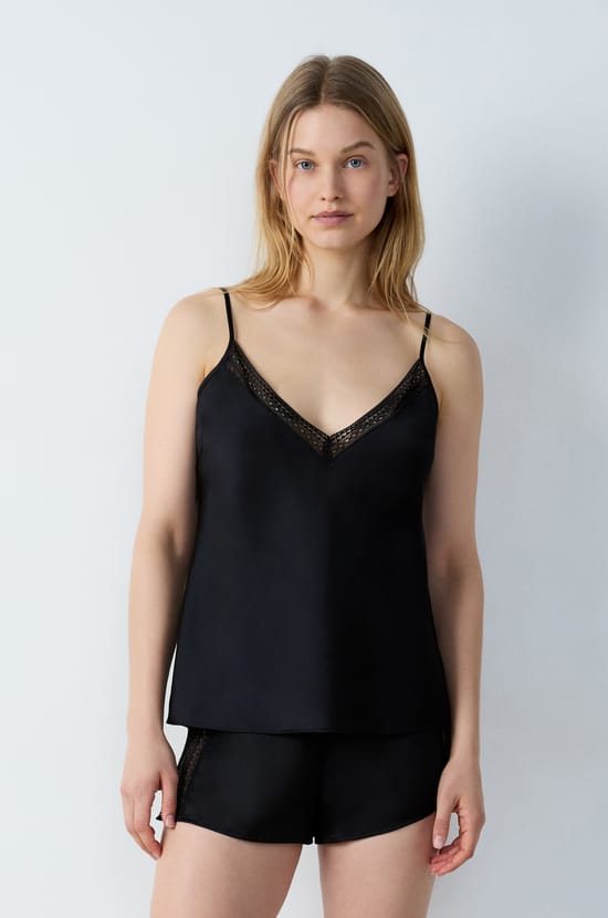 Satin Camisole with Lace Neckline;${refinementColor}