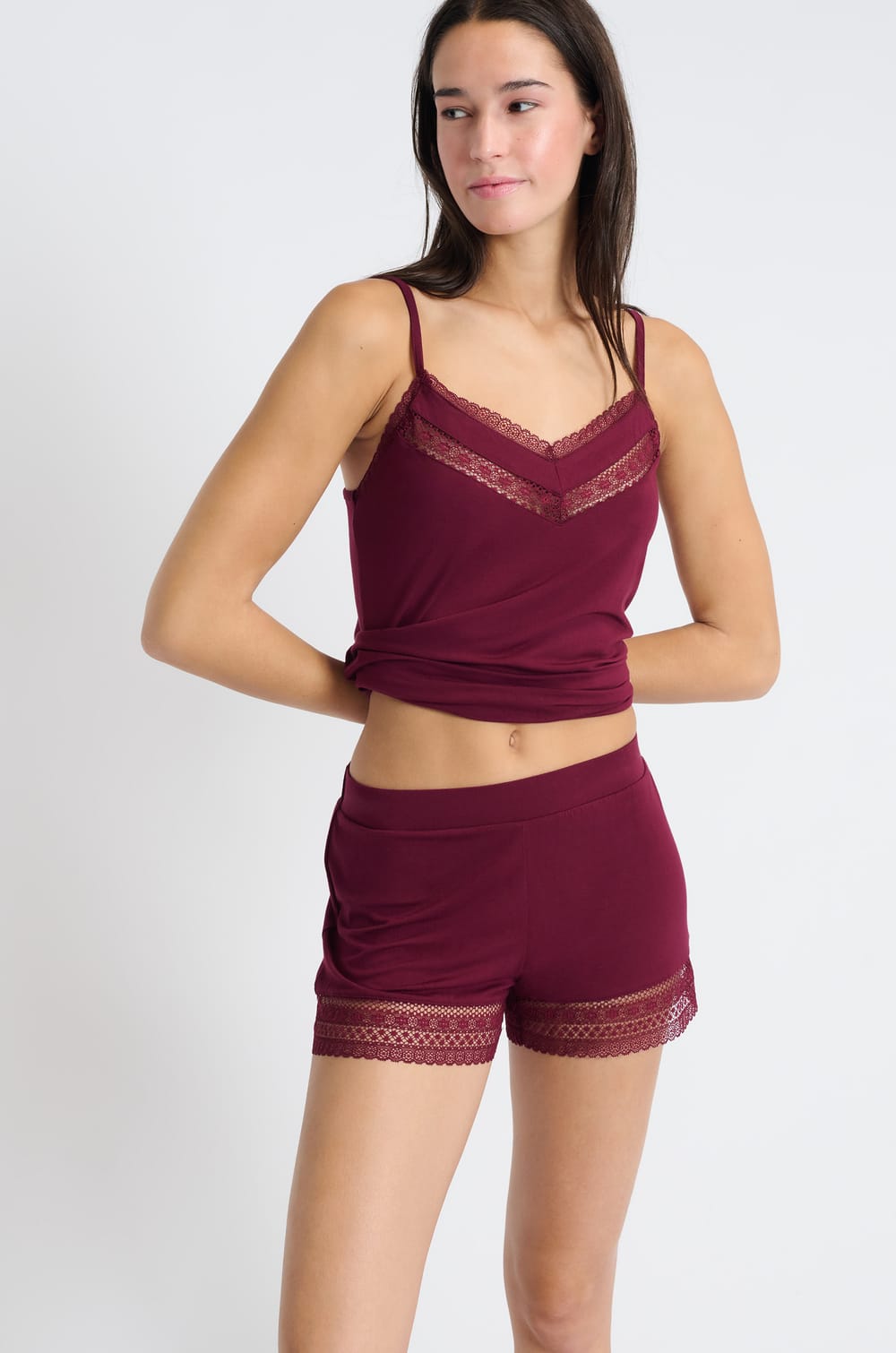Pyjama shorts with lace details;${refinementColor}