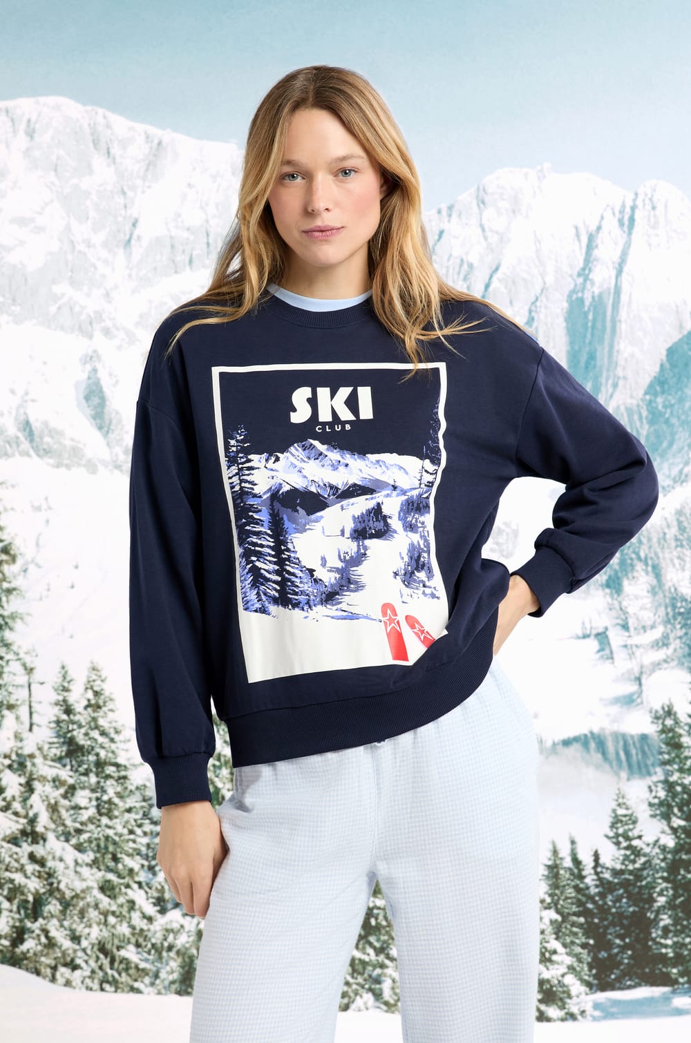 Sudadera de algodón con estampado de paisaje de esquí;${refinementColor}