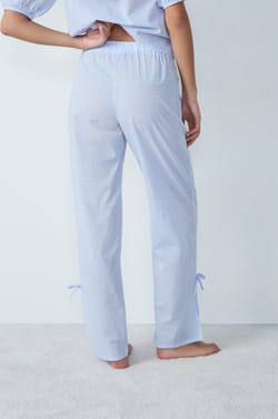 Cotton Straight-Cut Checkered Pyjama Trousers with Bow Details;${refinementColor}
