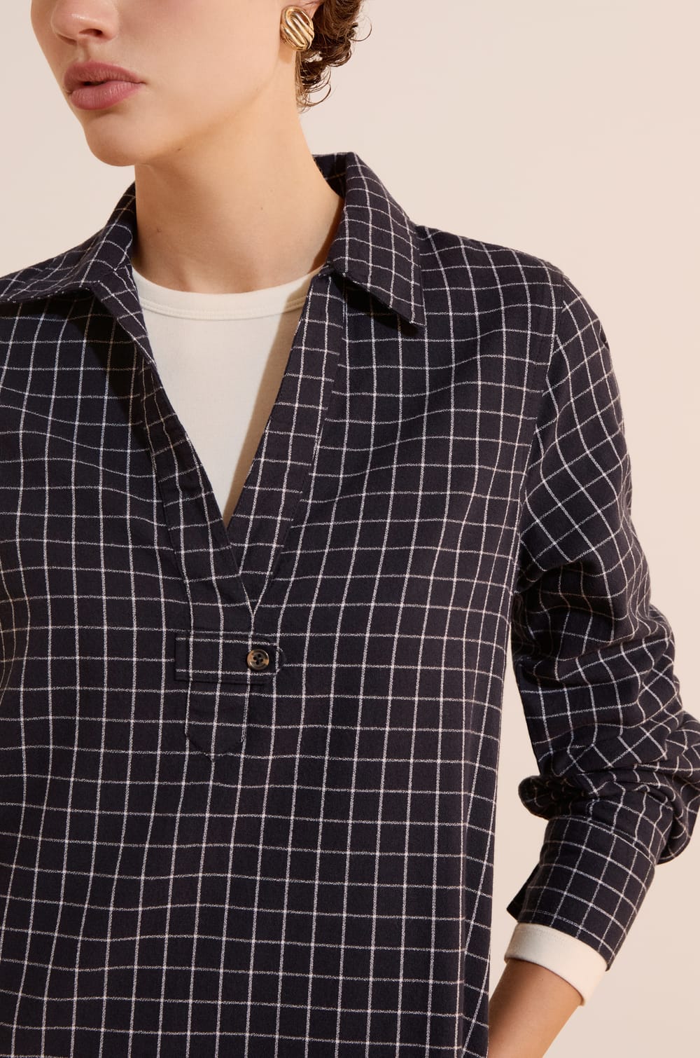 Robe chemise courte &agrave; carreaux en coton;${refinementColor}