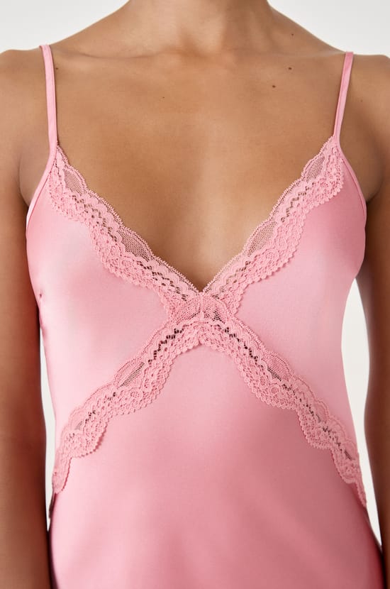 Long satin nightdress with lace details;${refinementColor}