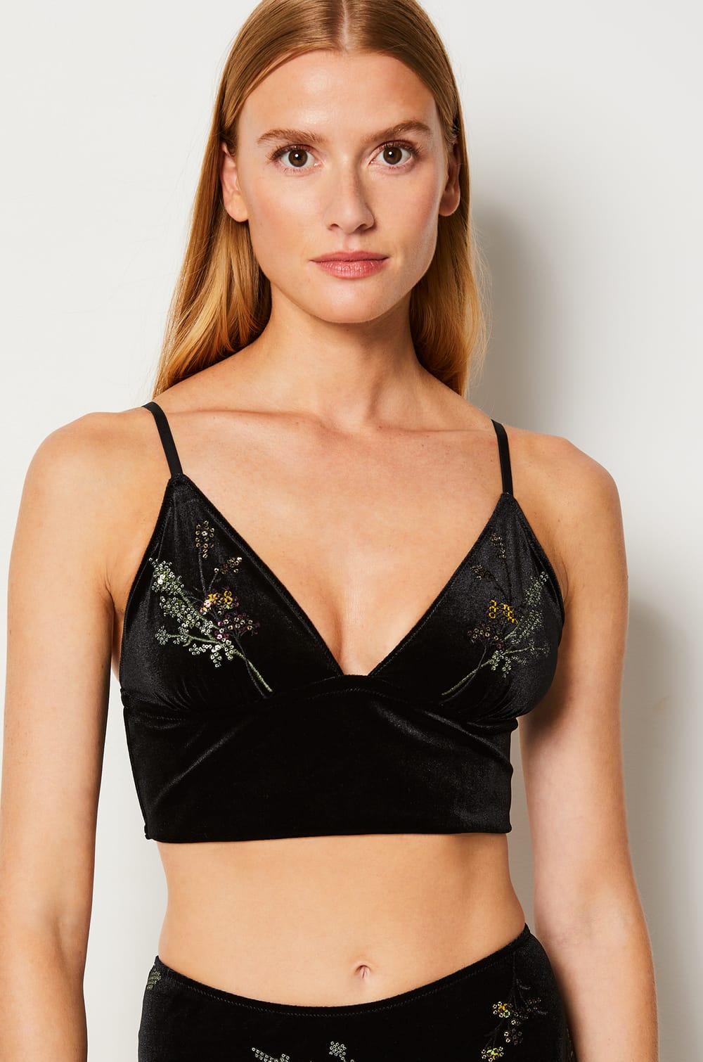 Embroidered Velvet Wireless Bralette;${refinementColor}