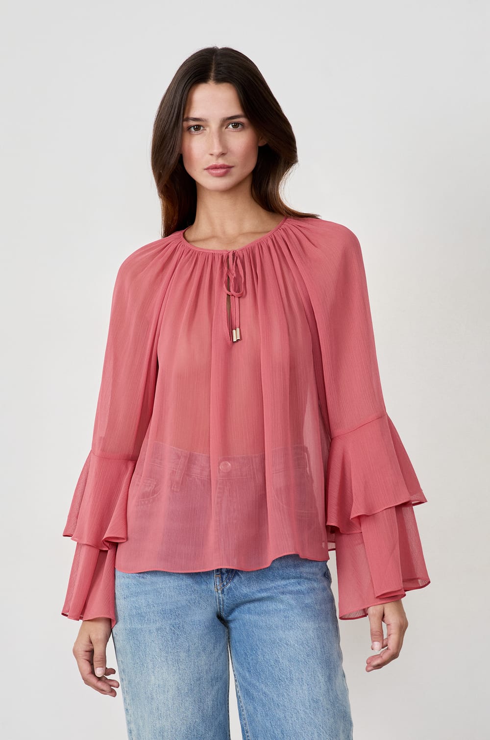 Blouse with ruffled sleeves;${refinementColor}