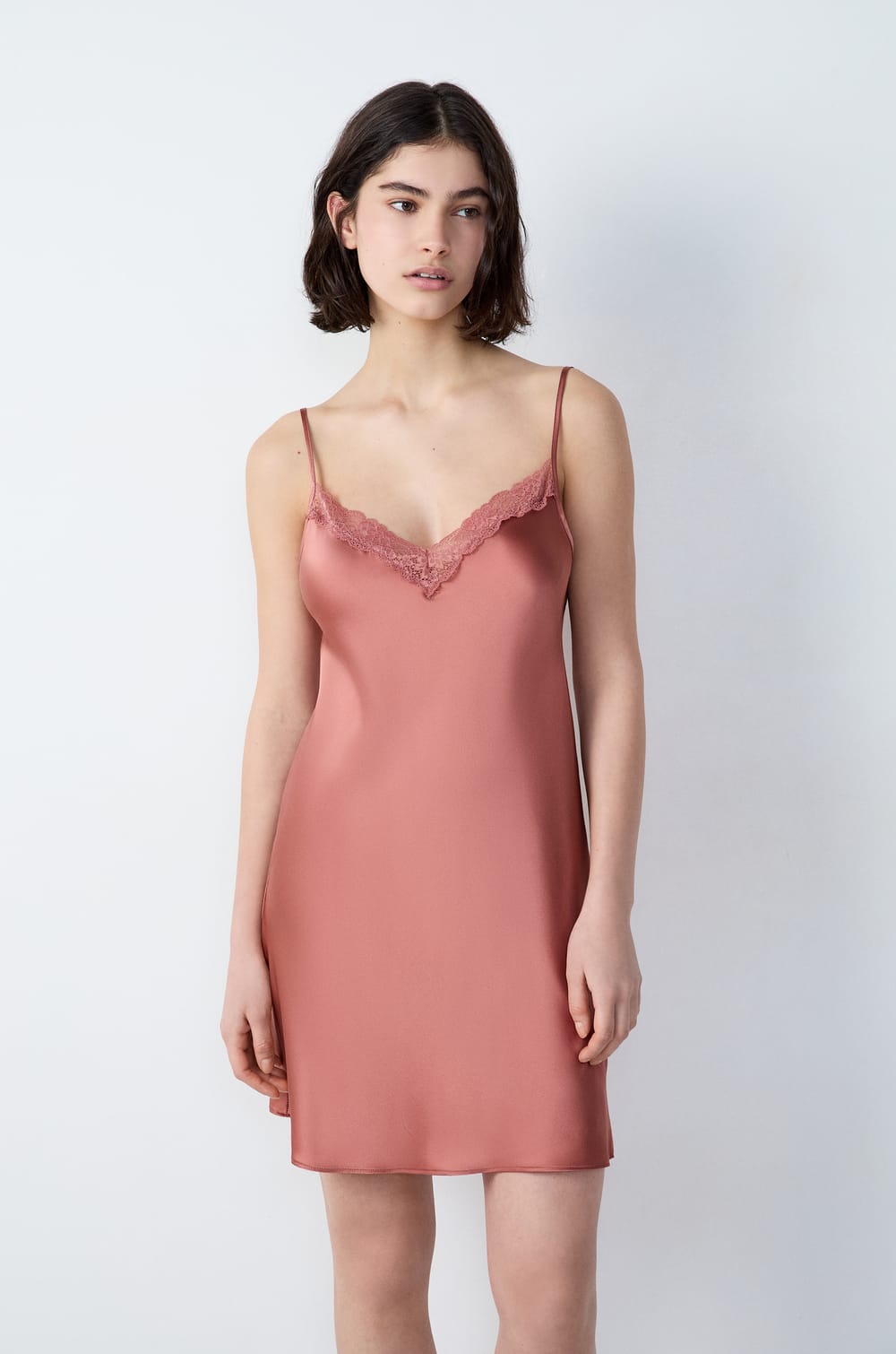 Silk Nightdress with Lace Neckline;${refinementColor}