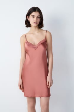 Silk Nightdress with Lace Neckline;${refinementColor}
