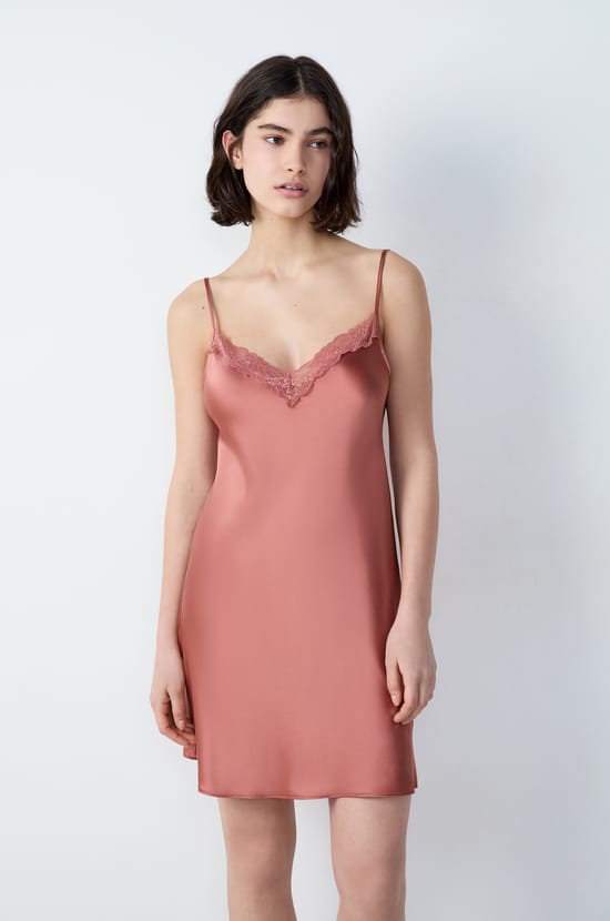 Silk Nightdress with Lace Neckline;${refinementColor}