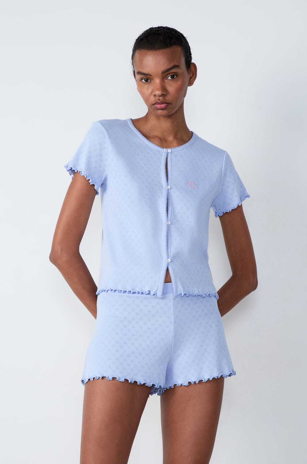 T-shirt manches courtes en coton en pointelle;${refinementColor}