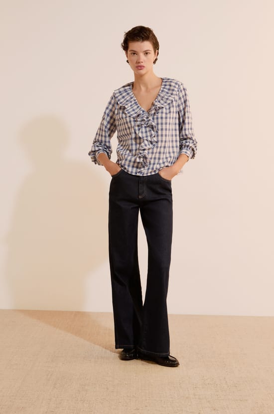 Blouse volant&eacute;e en coton &agrave; carreaux;${refinementColor}