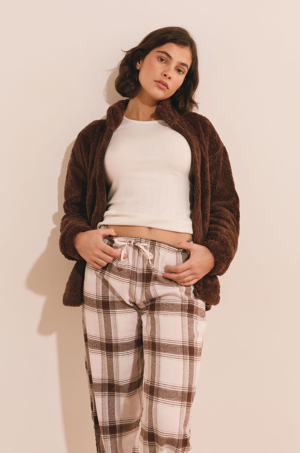 3-Piece Pajama Set with Checked Cotton Bottoms;${refinementColor}