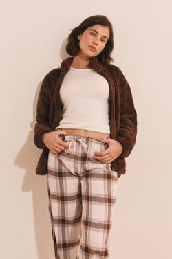 3-Piece Pajama Set with Checked Cotton Bottoms;${refinementColor}
