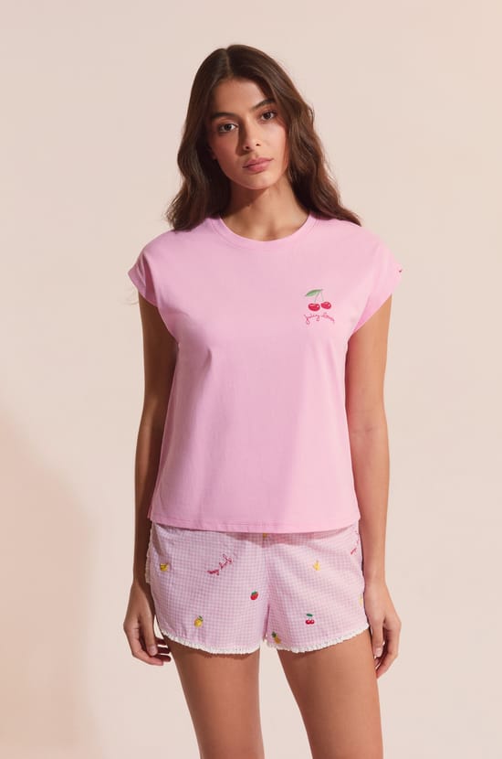 Camiseta de pijama de algod&oacute;n con estampado de cerezas;${refinementColor}