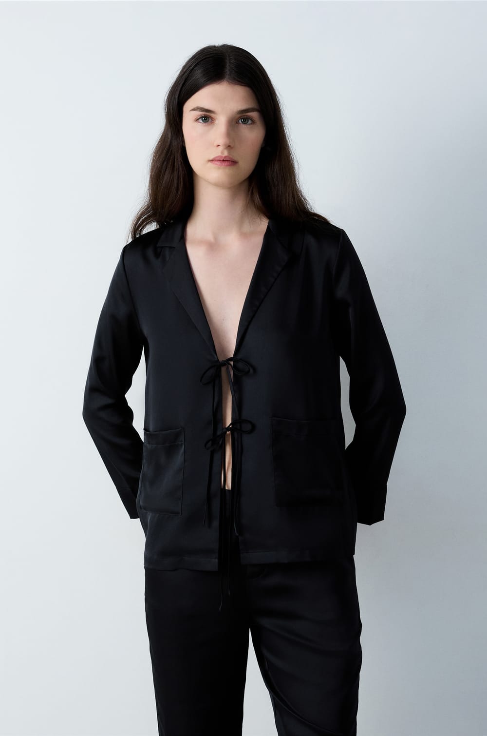 Satin Pyjama Shirt with Bow;${refinementColor}