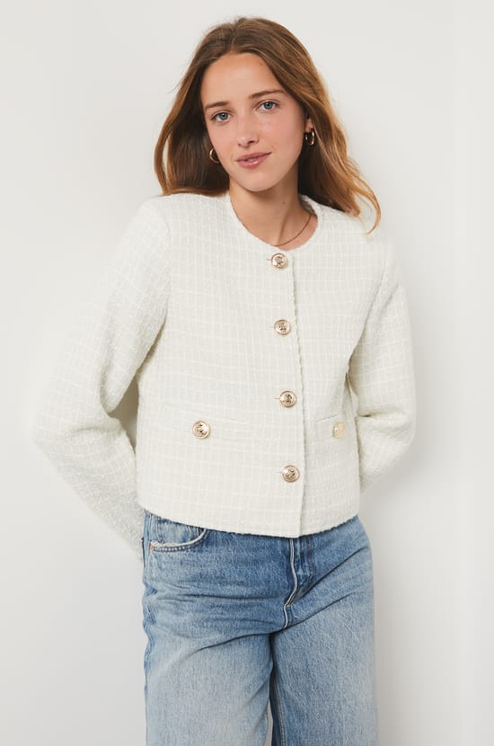 Tweed-style short buttoned jacket;${refinementColor}