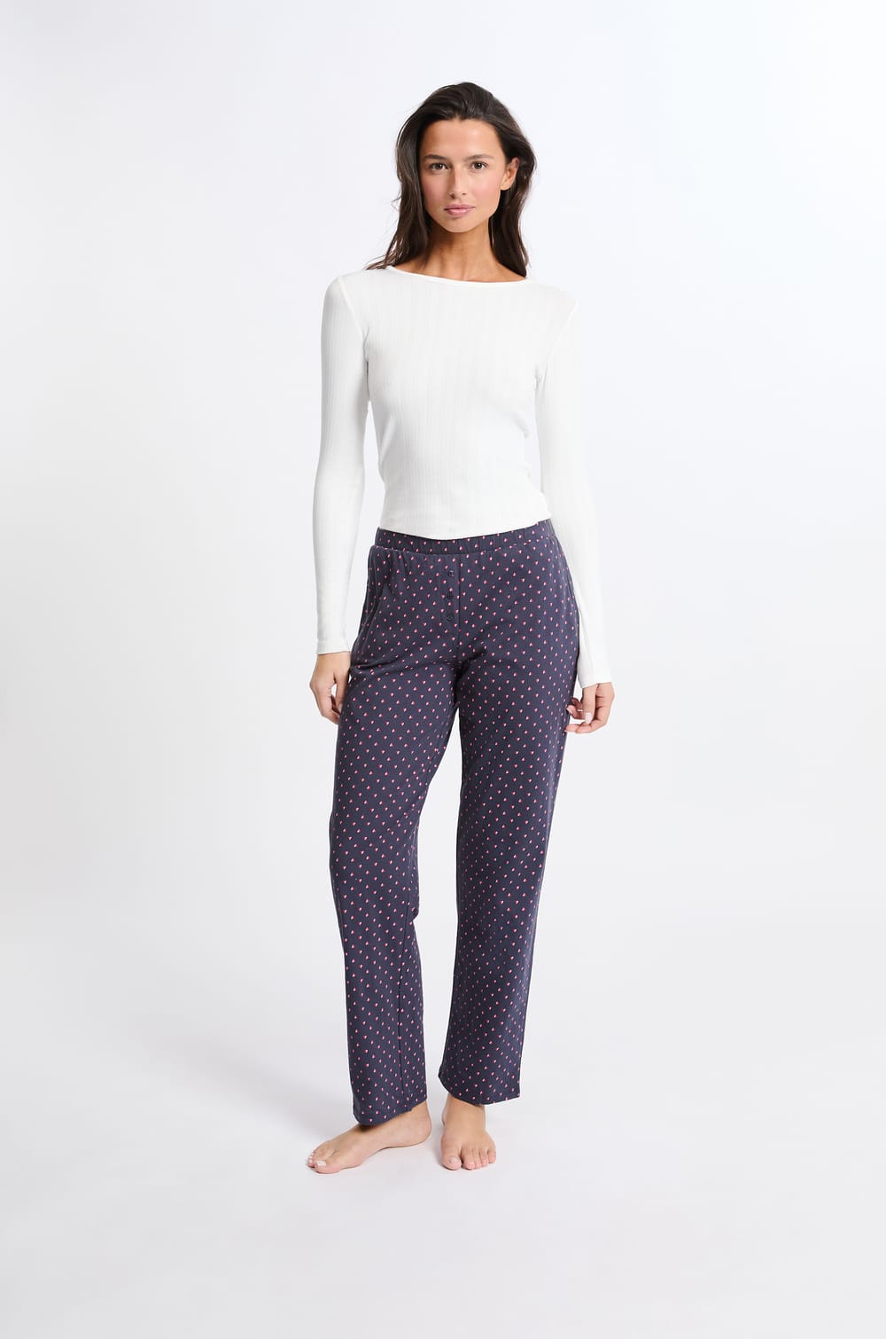 Pyjama Femme 2 Pièces Cœur - Coton, Boutonnière, Passepoil Rouge - Classique Et Confortable - Blanc/Rouge