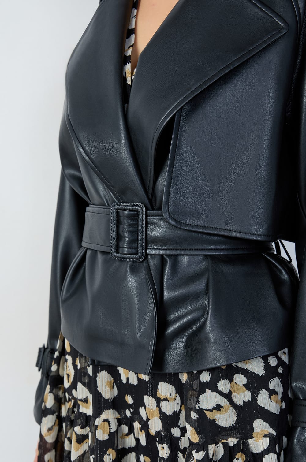 Short Belted Faux Leather Trench Jacket;${refinementColor}