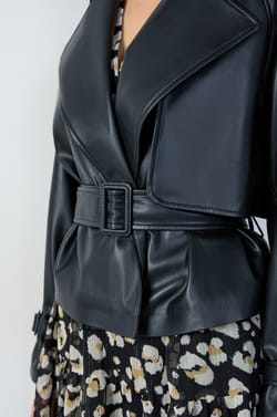 Short Belted Faux Leather Trench Jacket;${refinementColor}