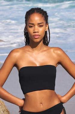 Strapless tie-front bikini top with pearl details;${refinementColor}