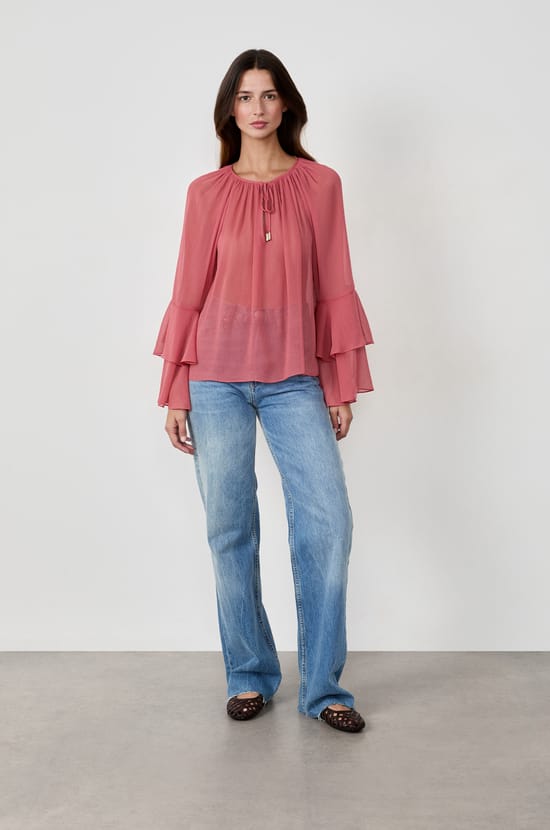 Blouse with ruffled sleeves;${refinementColor}