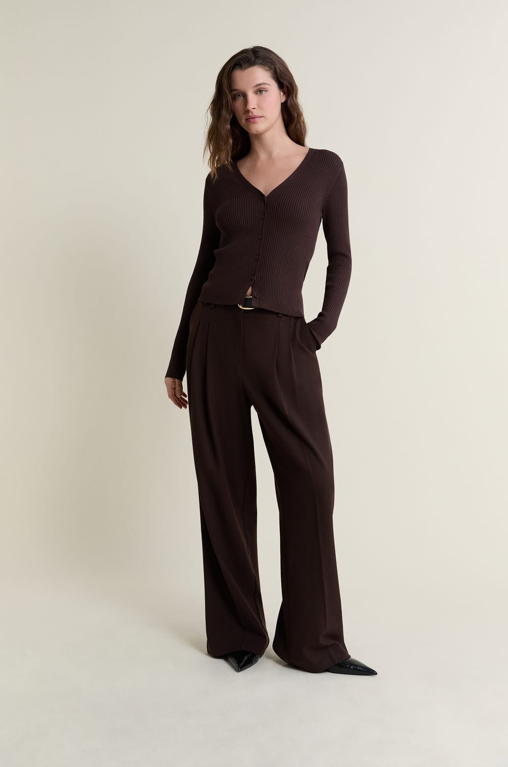 Pull cardigan manches longues en maille c&ocirc;tel&eacute;e;${refinementColor}