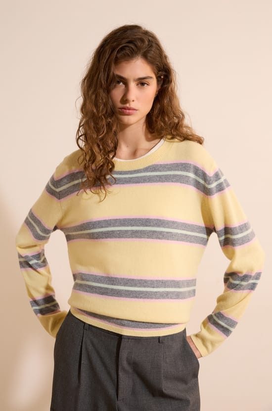 Pull col rond ray&eacute; 100% cachemire;${refinementColor}