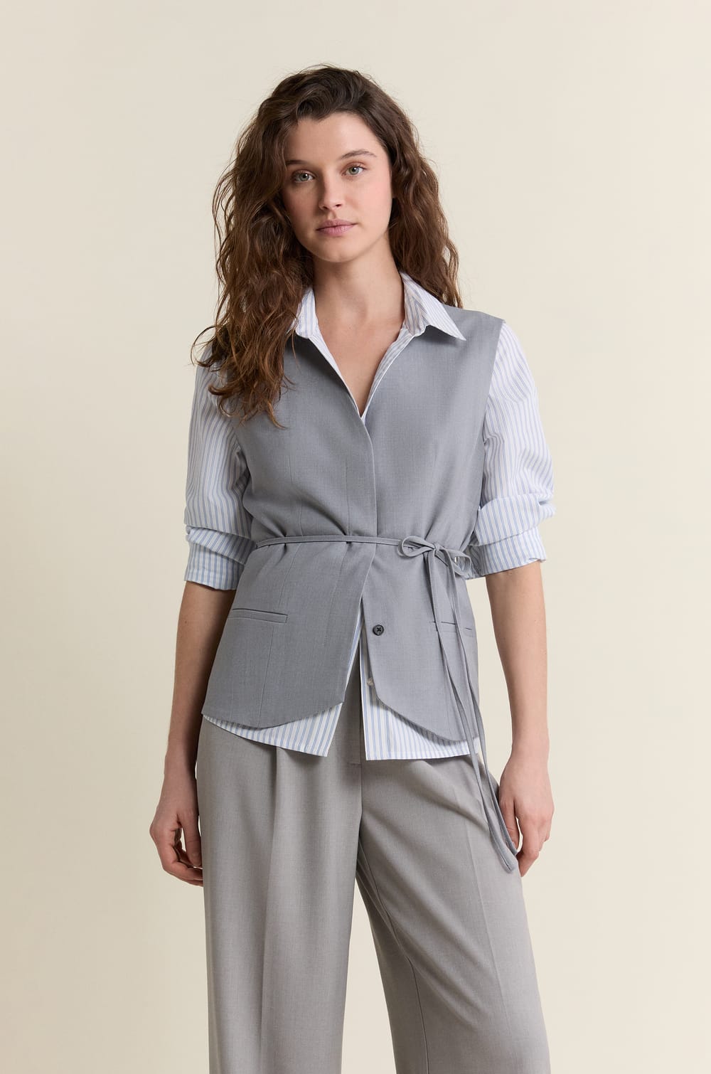 Sleeveless Cardigan with Tie;${refinementColor}