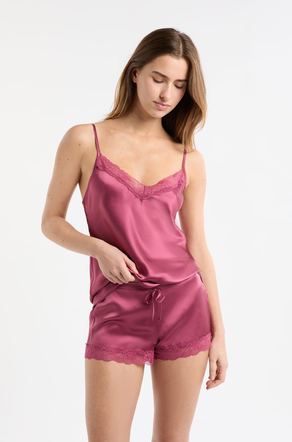 Silk Shorts with Lace Details;${refinementColor}