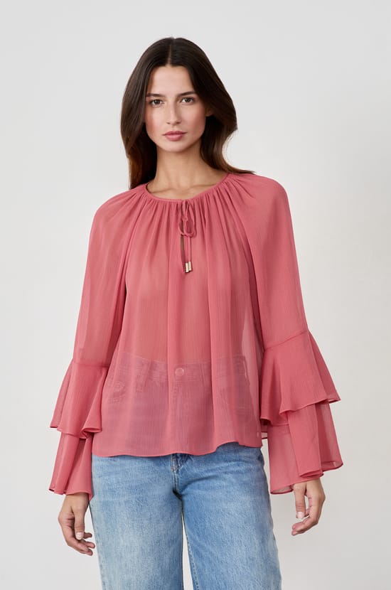 Blouse transparente avec manches &agrave; volants;${refinementColor}