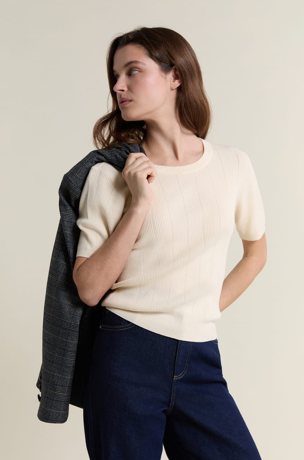 Trui met ronde hals in fijne pointelle tricot;${refinementColor}