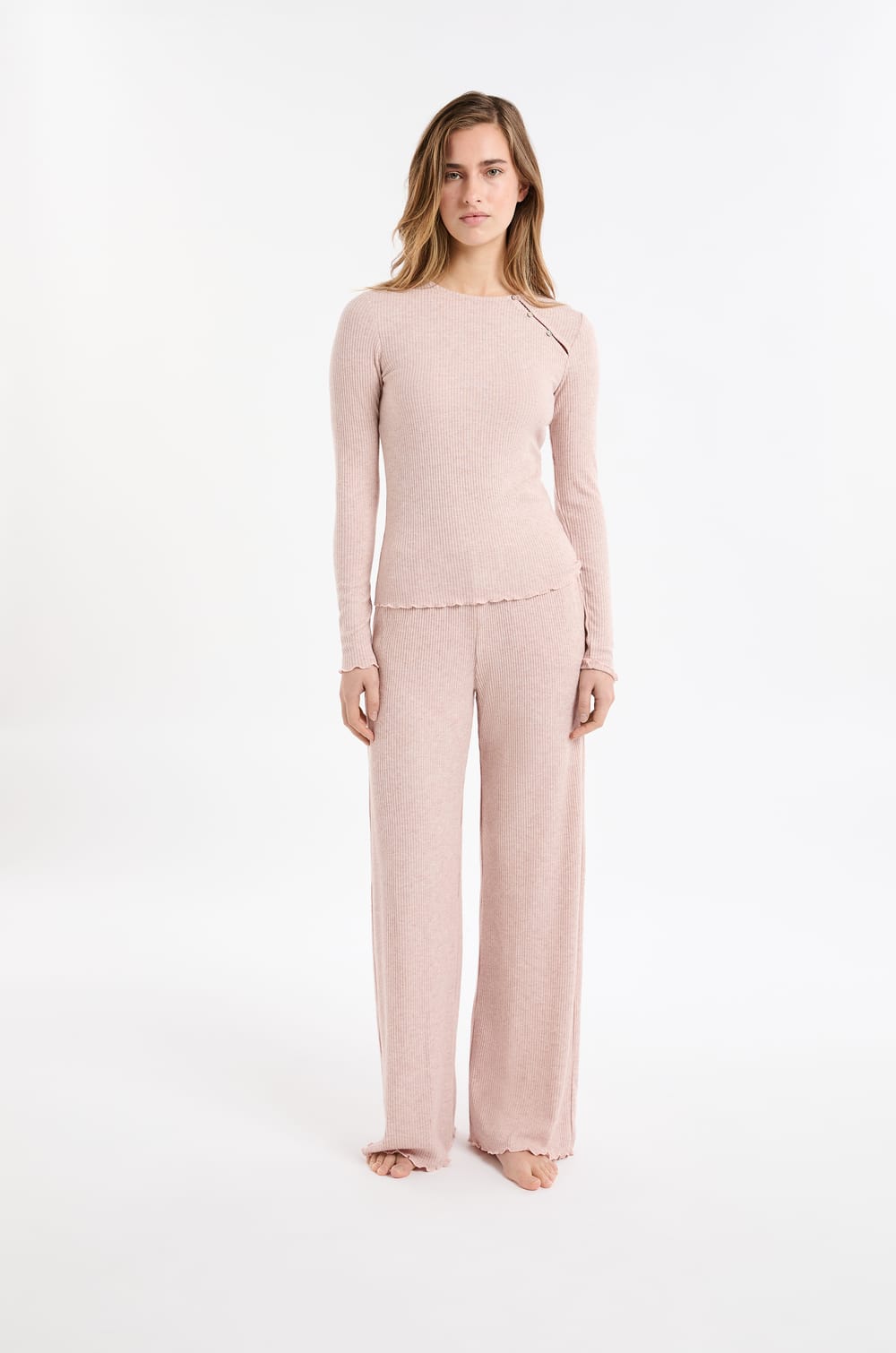 Geripptes Pyjama-T-Shirt mit Kn&ouml;pfen;${refinementColor}