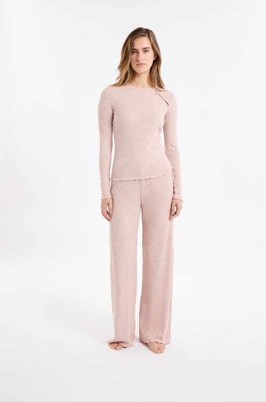 Geripptes Pyjama-T-Shirt mit Kn&ouml;pfen;${refinementColor}