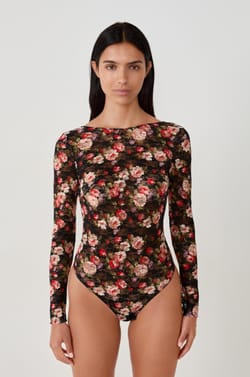 Lace-printed backless bodysuit;${refinementColor}