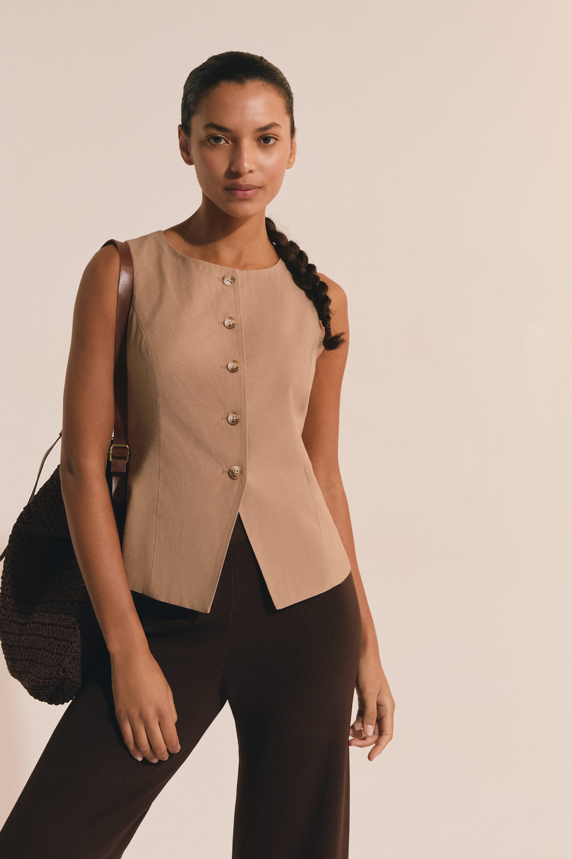 トップス yilon RIB ENSEMBLE BUTTON TOPS BEIGE Rib ensemble button